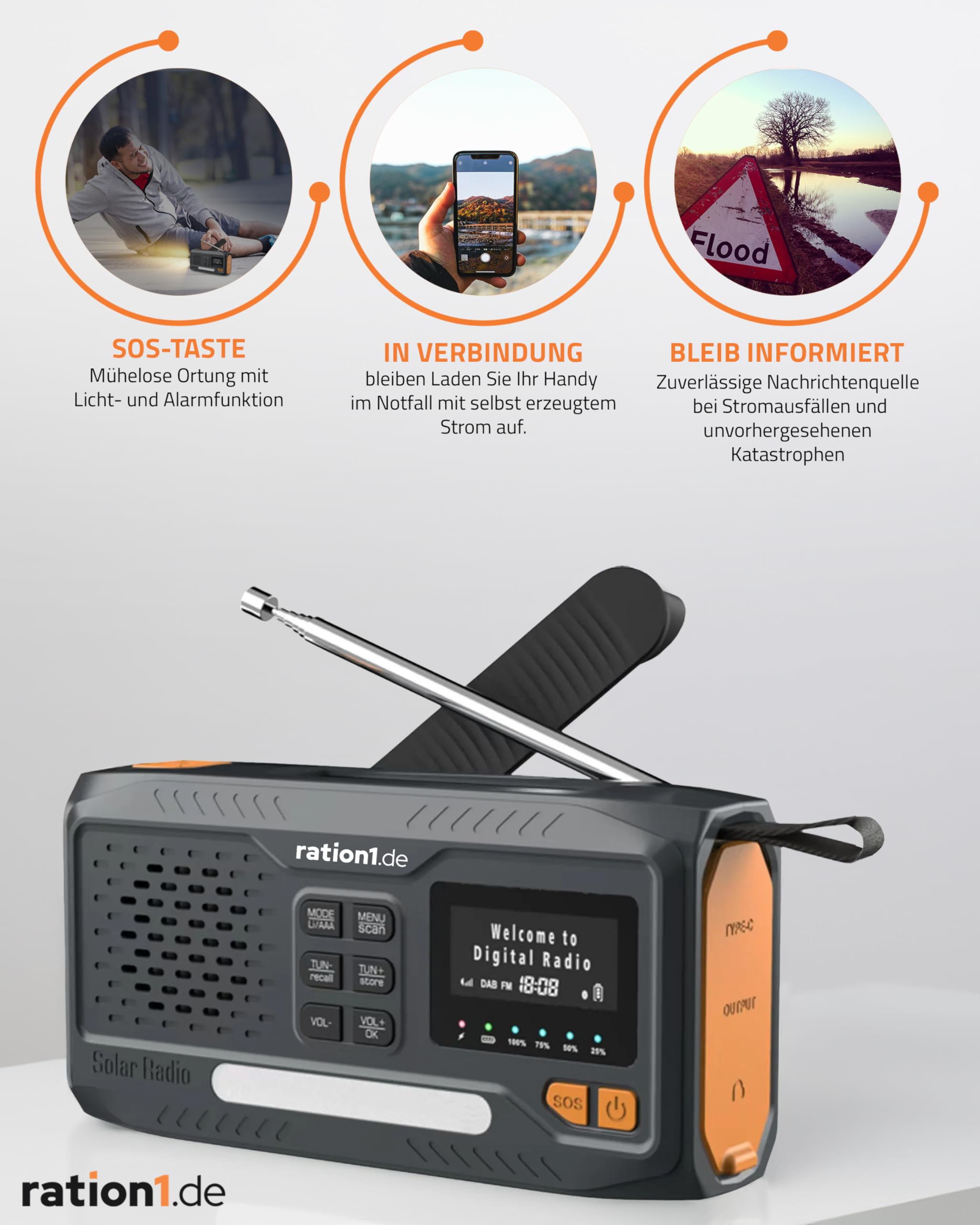ration1 Kurbelradio DAB+, Tragbares Solarradio mit LED-Taschenlampe, 2000mAh Powerbank, Handkurbel, SOS-Funktion, Bluetooth, USB-C, für Camping und Notfall