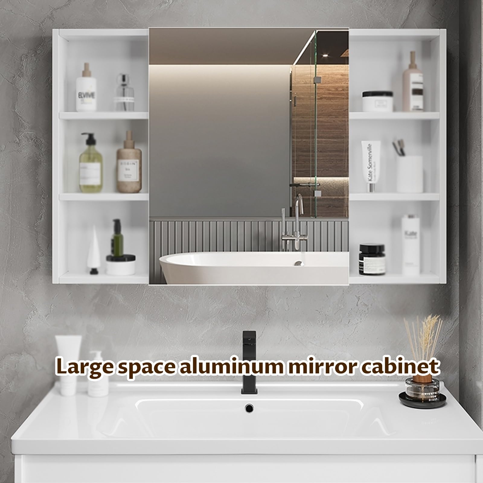 Szafka łazienkowa naścienna z lustrem 80 cm kosmiczny aluminiowy stojak do przechowywania pogrubiony design na przybory toaletowe i leki stylowe białe wykończenie.