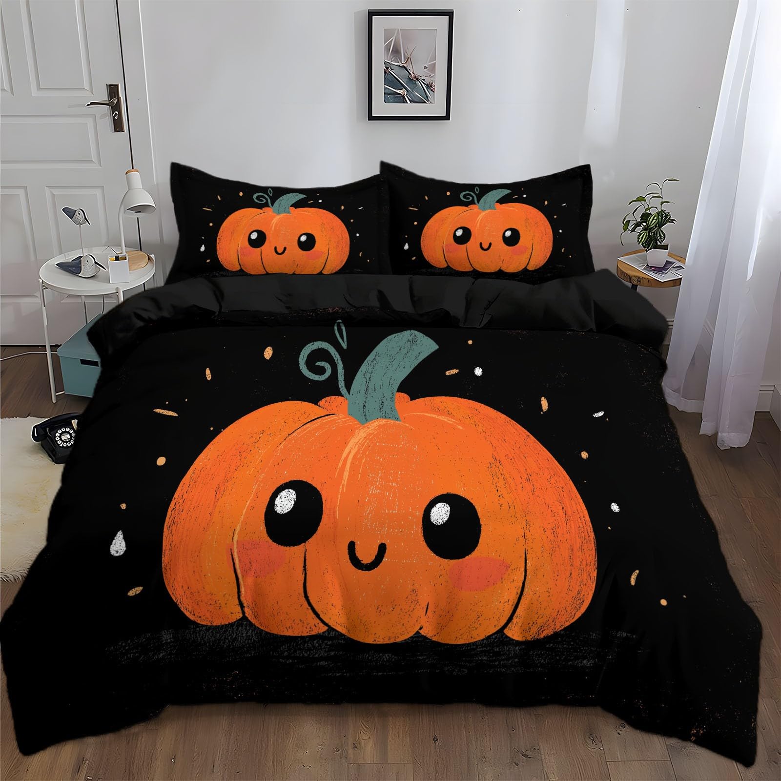 Parure de lit citrouille en microfibre noire douce et facile à laver