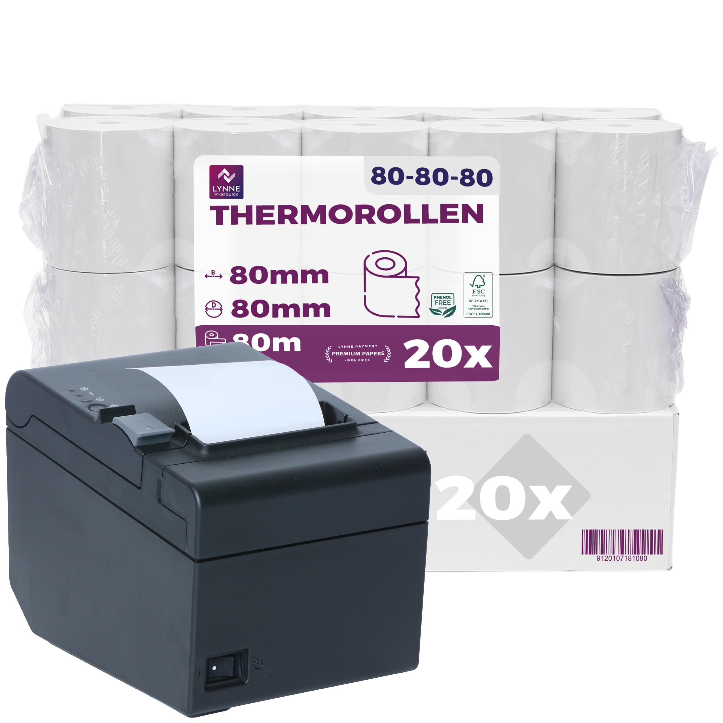 LYNNE - Rollos Papel Termico 80x80 para Impresora de Tickets - Para caja registradora con impresora de recibos - Papel impresora Termica 80x80x12 - Rollo Papel térmico 80mm x 80mm x 80m - [20x]