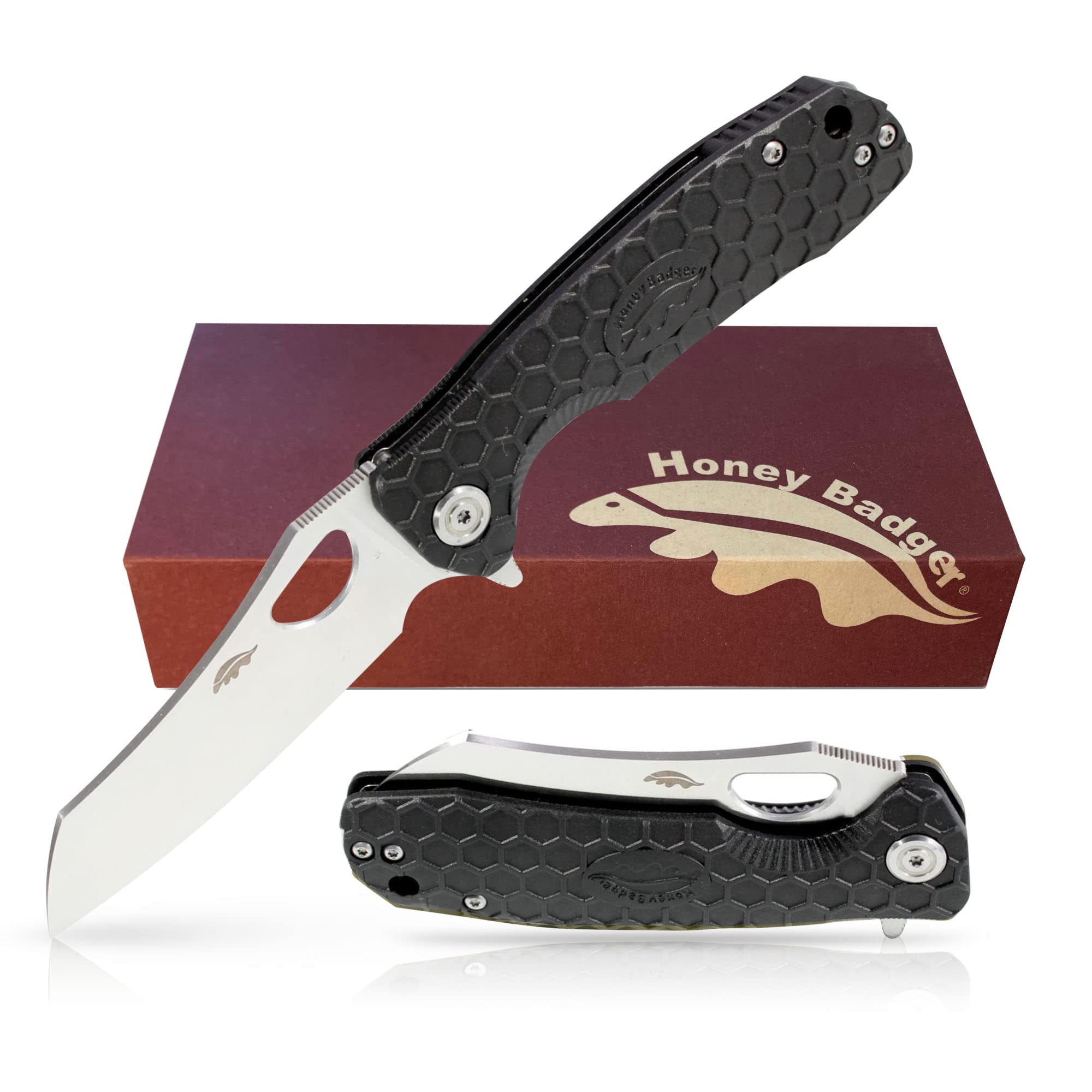 Honey Badger Knife - Flipper Wharncleaver Pocket Knife, EDC Hunting with 3.6" Steel Blade, Nylon+Glass Fiber Handle & Reversible Pocket Clip Medium Black HB1038