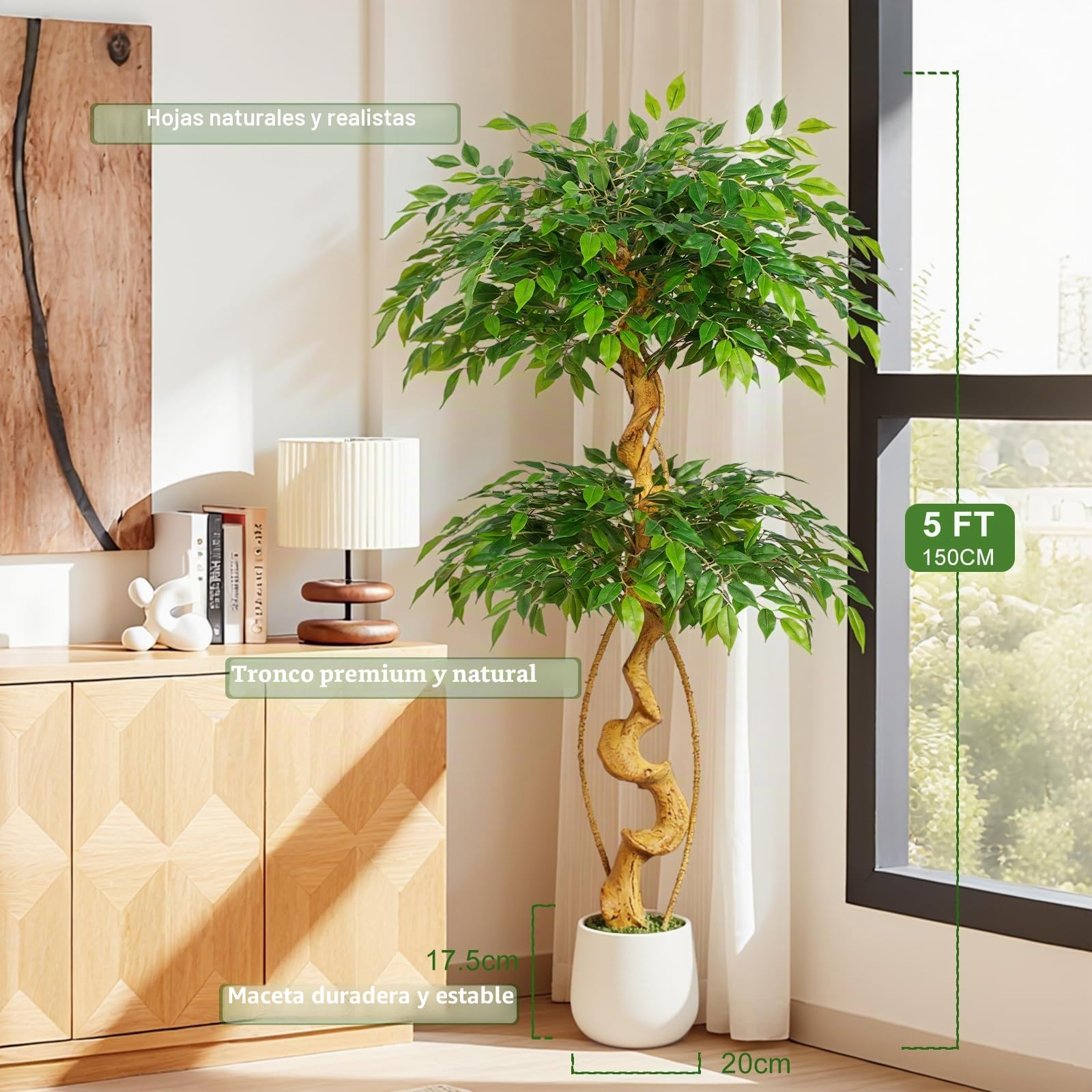 Keepplush - Planta artificial de Ficus, 150 cm con maceta blanca, plantas artificiales grandes como de verdad con tronco curvo y 1488 hojas, planta artificial para decoración interior de sala de estar