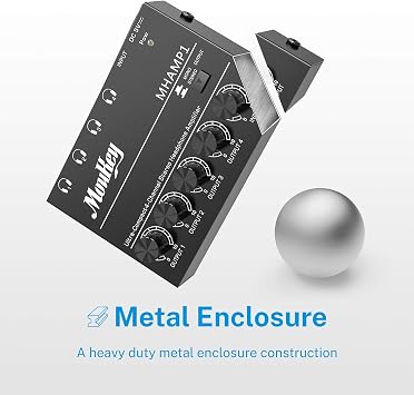 Moukey Headphone Amp Amplifier 4 Channels Metal Stereo Audio Amplifier,Mini Headphone amplifier portable - 4x Quarter Inch Balanced TRS Headphone Output and TRS Audio Input, DC5V Power Supply-MHAMP1