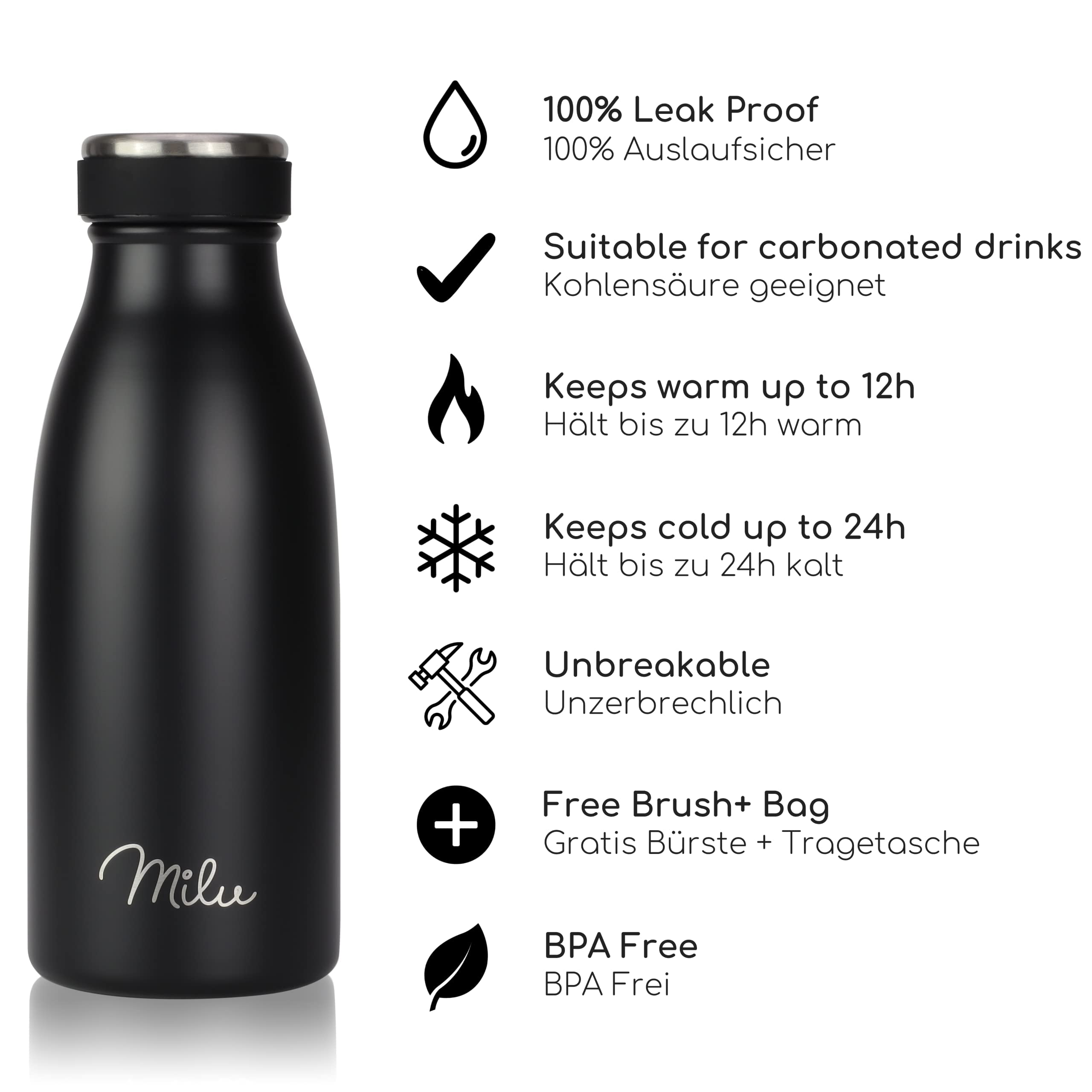Milu Stainless Steel Drinking Bottle 350 ml, Insulated Thermo Flask for Water, Leak Proof, Insulated and Double Walled - Image 2