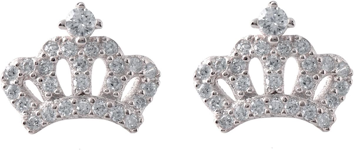 Sterling Silver Tiny Crown Cubic Zirconia Studs Earrings for Women