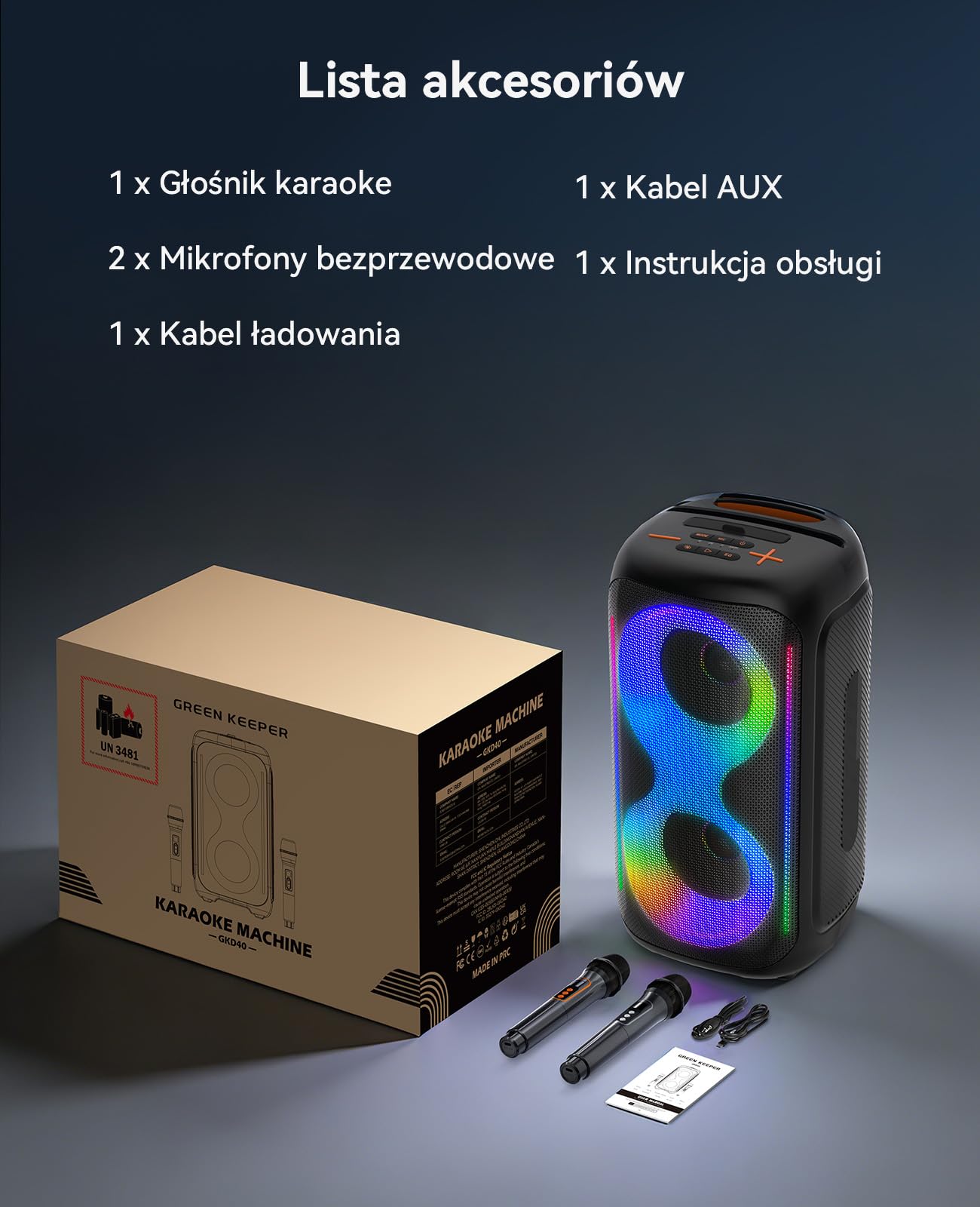 GKD40 Przenośny Zestaw Karaoke dla Dorosłych, Głośnik Bluetooth z Systemem PA, 2 Bezprzewodowe Mikrofony z Akumulatorem, Głośnik Imprezowy LED, Woofer 4 Cale, do Domu i na Imprezy Plenerowe