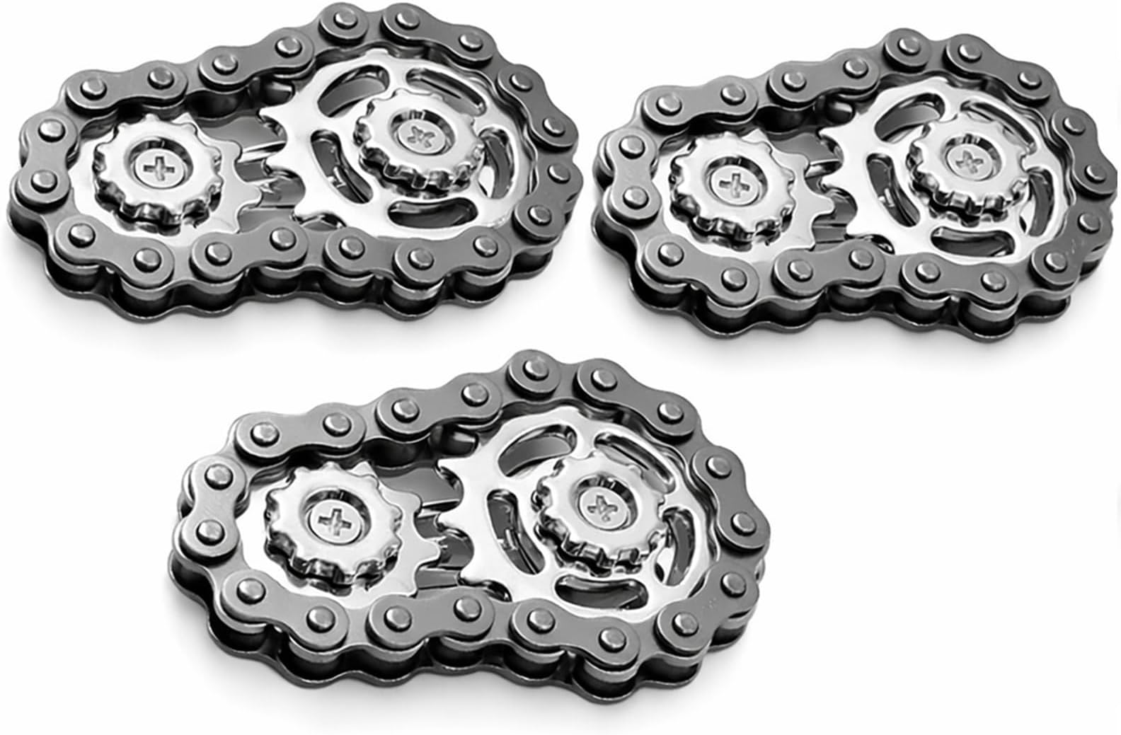 Mechanical Chain Gear Desk Accessory Set (3 Pack) for Adults, Premium Metal Dual Gear Silent Rotation Gadget, Gunmetal Industrial Style with Silver Rivet Finish, Office Gift Idea