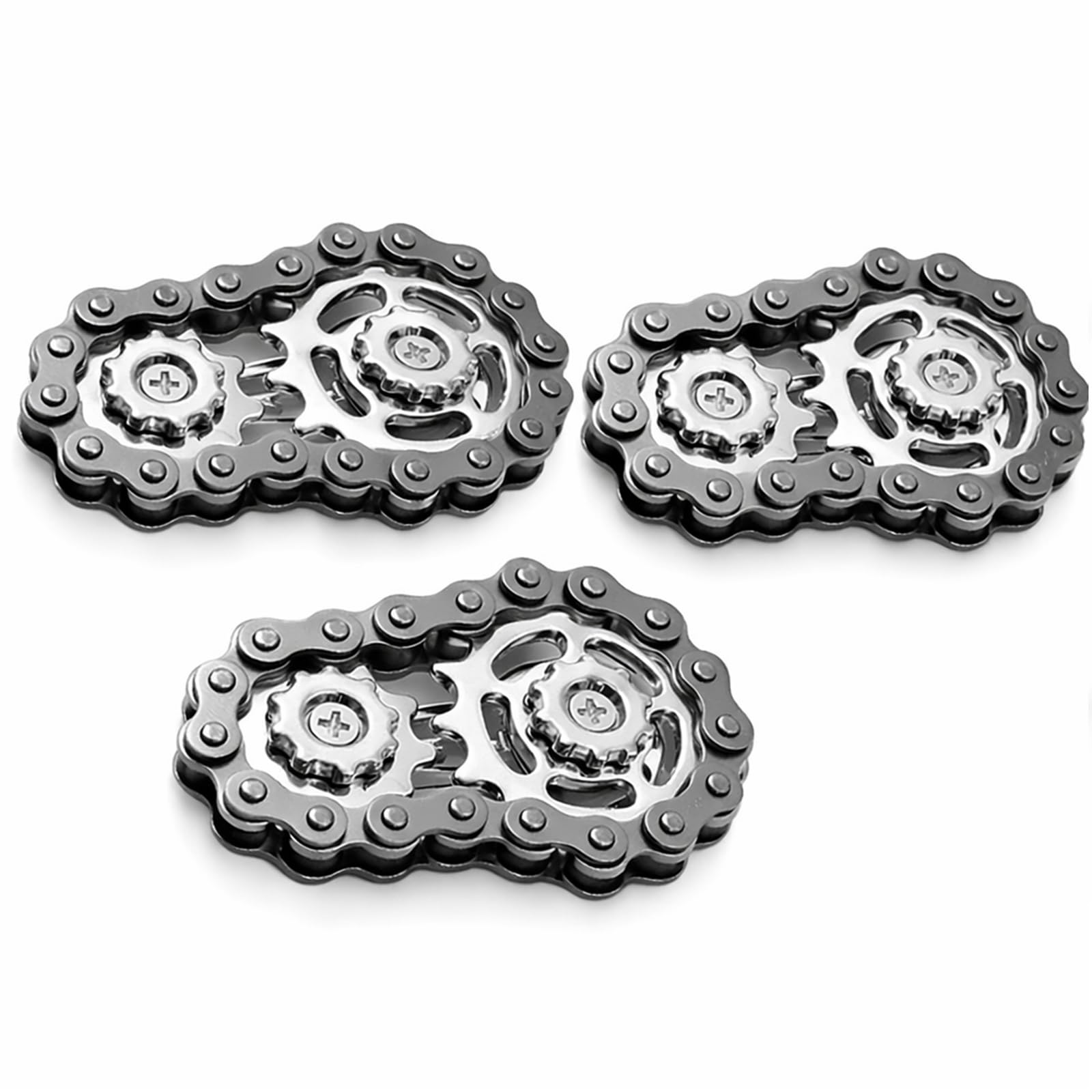 Mechanical Chain Gear Desk Accessory Set (3 Pack) for Adults, Premium Metal Dual Gear Silent Rotation Gadget, Gunmetal Industrial Style with Silver Rivet Finish, Office Gift Idea
