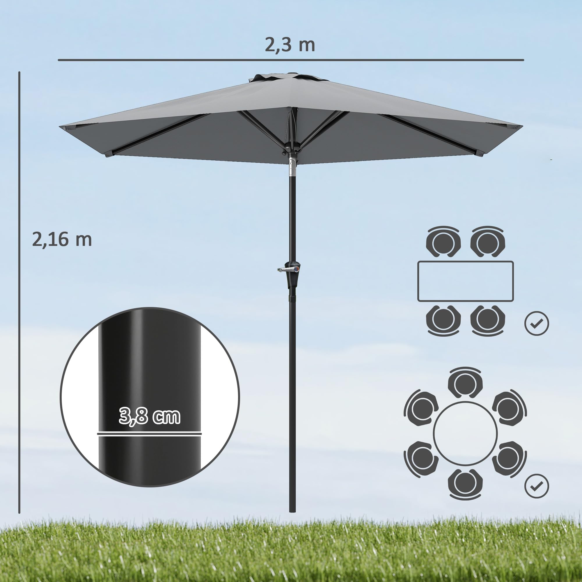 Outsunny Sombrilla Terraza Exterior Ø230 cm Sombrilla de Jardín con Ángulo Ajustable y Manivela Impermeable Parasol para Patio Terraza