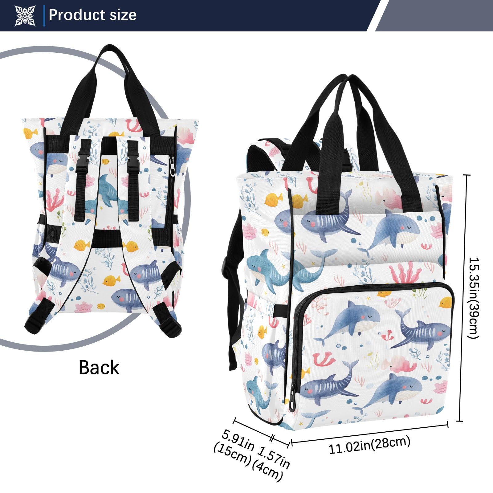 Mnsruu Mochila para pañales de bebé con diseño de animales marinos y acuarela, bolsa grande, impermeable, para viajes, para mamás y papás