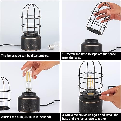 Miniatura 6 de Haian Support Lámpara de noche industrial regulable de 3 vías, mesa de noche antigua Steampunk para dormitorio, sala de estar (bombilla incluida)