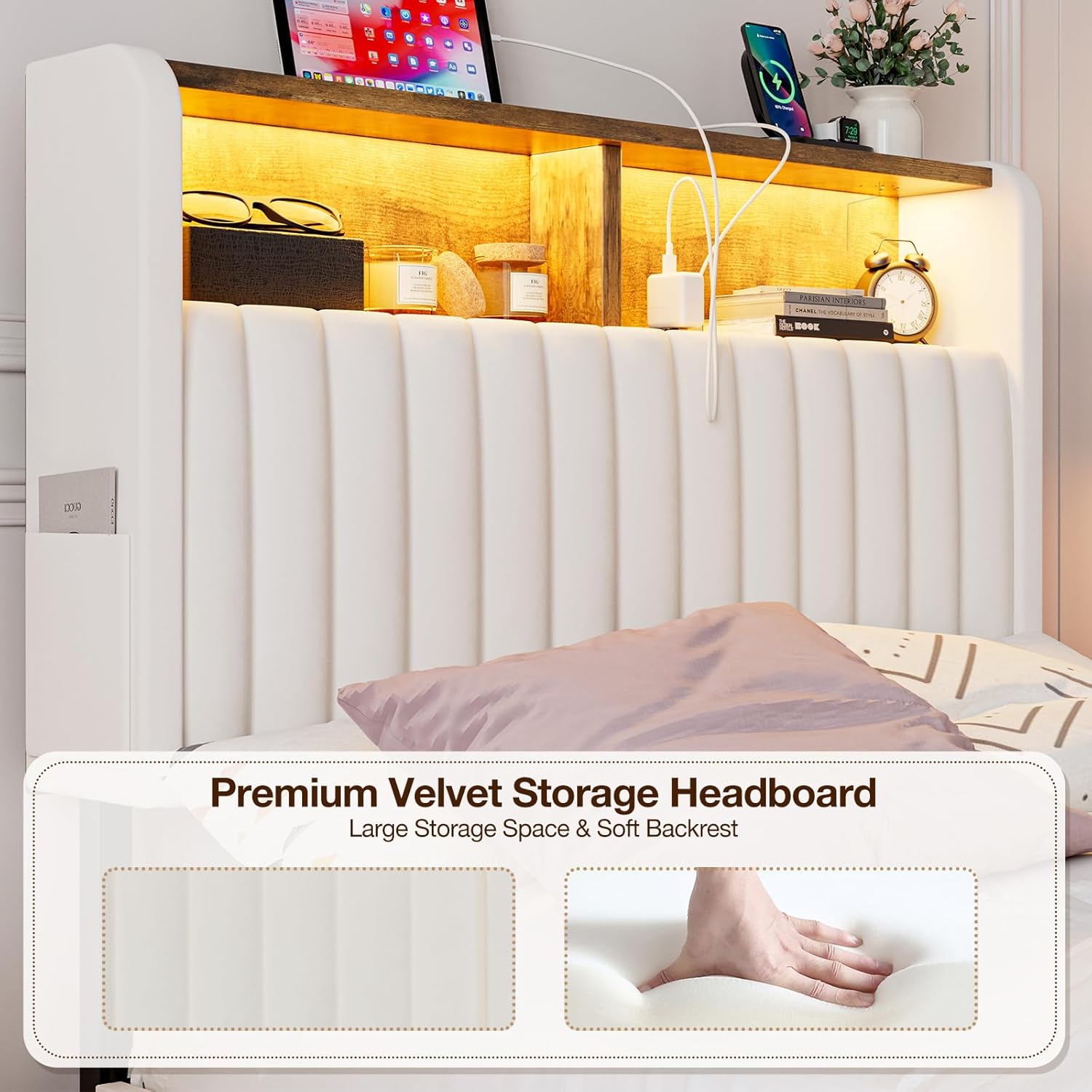 IKIFLY Twin/Twin XL Size Headboard Only with Storage, Adjustable Height, Velvet Upholstered Head Board with LED Lights & Charging Station, Modern Freestanding Headboard, Easy Assembly, White
