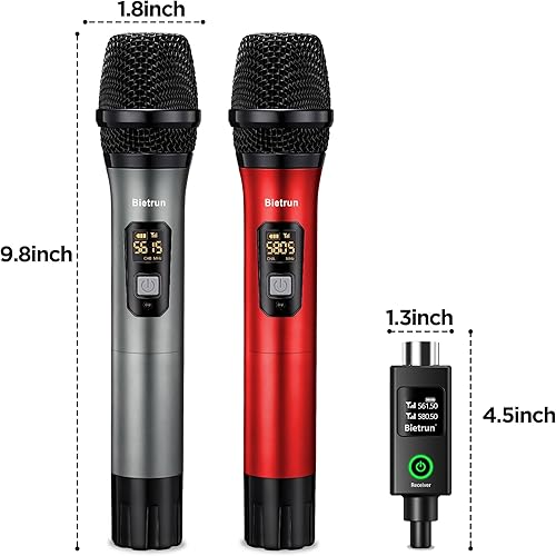 Miniatura 8 de Bietrun Micrófono inalámbrico XLR, UHF Dual Handheld Dynamic Metal Mic Set con receptor recargable, adaptador XLR a 14 pulgadas, para karaoke,