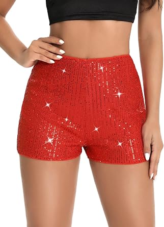 Womens Sequin Shorts, High Waist Elastic Sexy Sparkly Straight Leg Glitter Hot Pants Cute Solid Party Shorts