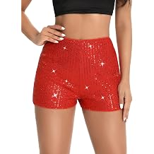 Womens Sequin Shorts, High Waist Elastic Sexy Sparkly Straight Leg Glitter Hot Pants Cute Solid Party Shorts