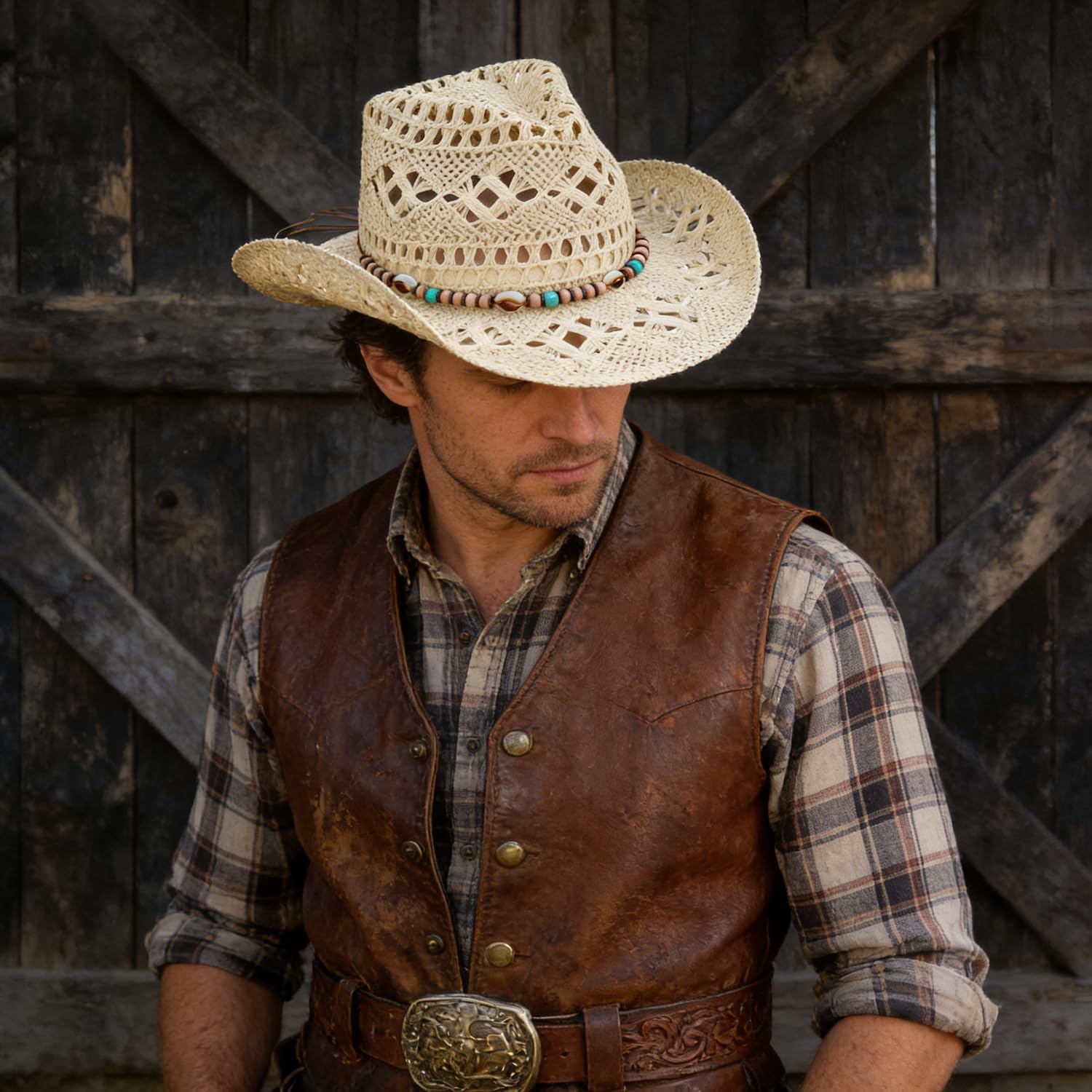 Straw Cowboy Hat with Decorative Bands, Western Cowgirl Hat Woven Sun Hat for Men and Women - Image 5