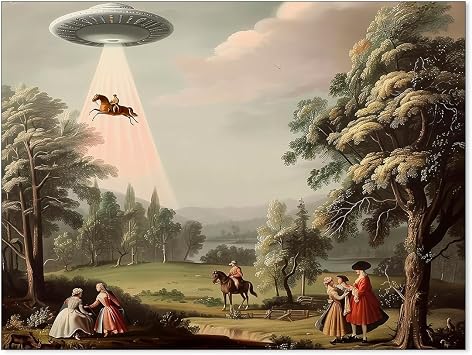 Haitunone UFO Funny Trippy Wall Art Victorian Unique Poster Landscape Oil Painting Canvas Prints for Living Room Bedroom Wall Decor 12X16 inch Unframed