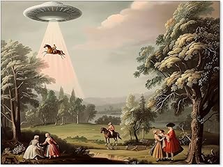 Haitunone UFO Funny Trippy Wall Art Victorian Unique Poster Landscape Oil Painting Canvas Prints for Living Room Bedroom Wall Decor 12X16 inch Unframed