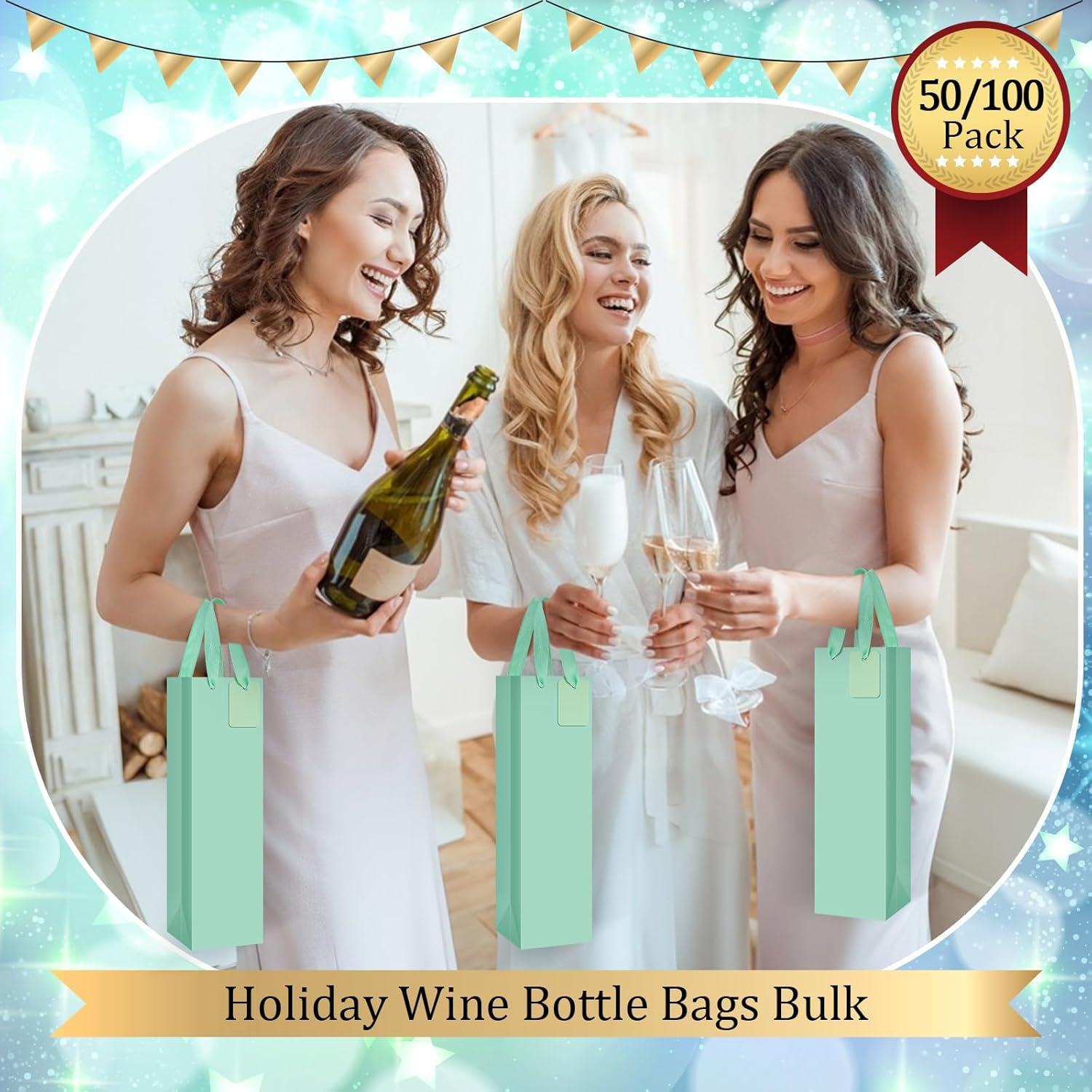Windyun 50 Pack Wine Gift Bag Wine Tote Bags Bulk 3.9 x 3.5 x 13.8 Inch Kraft Paper Bag with Handles for Small Business Present Wedding Party Supplies (Green)
