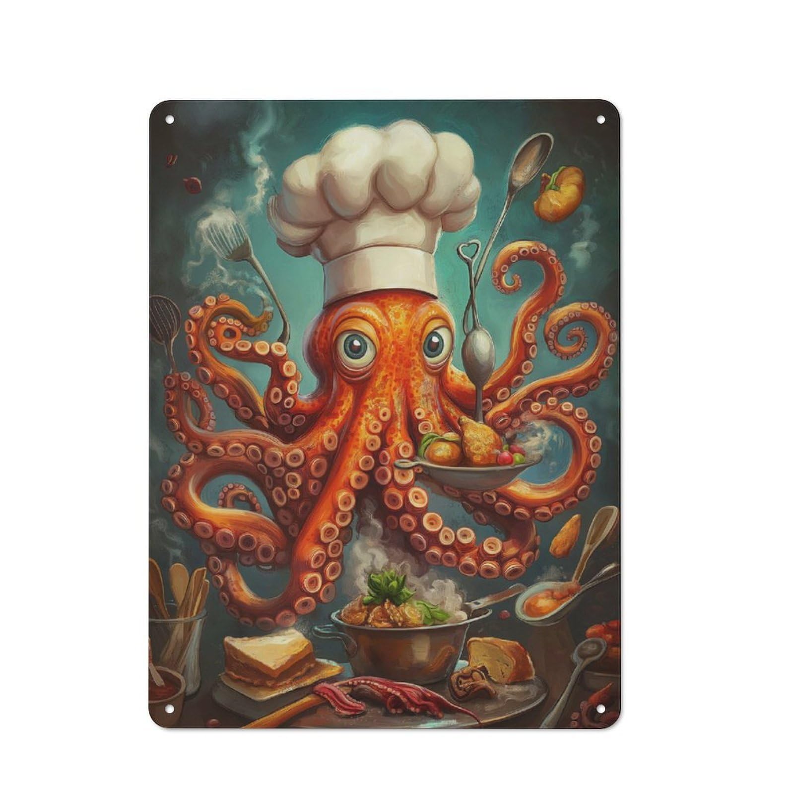 Junmoney Octopus Chef Metal Sign 40X30cm With For Pub Or Café, Retro Decor, For Cooler-Month Interiors With Retro Character
