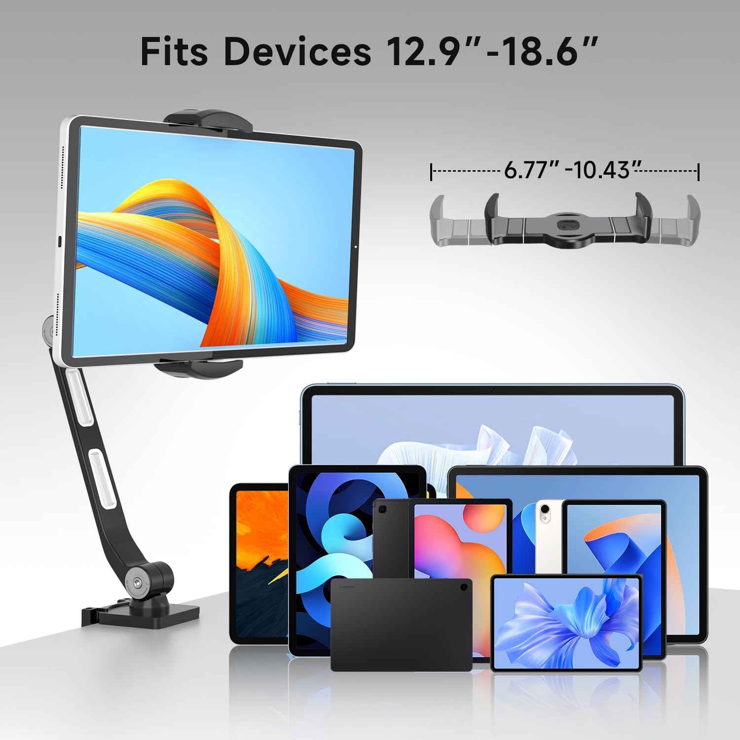 suptek Aluminum Alloy Tablet Stand for Desk, Adjustable Foldable Arm Holder Mount Compatible with iPad 10/9th, iPad 13/12.9 Pro, Portable Monitor 12.9-18.6'', YF208BV1