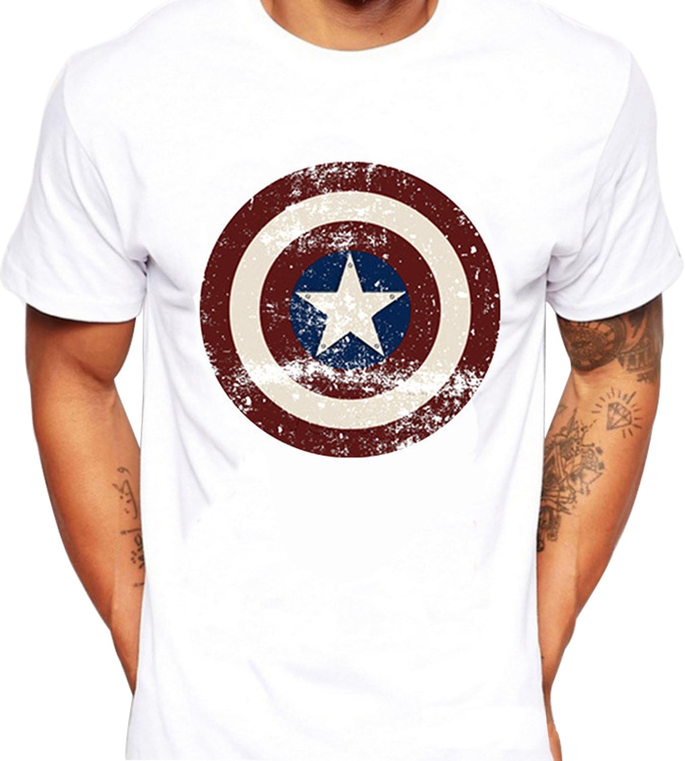 ChangShun Mens White Captain America Cartoon Distressed Shield T-Shirt