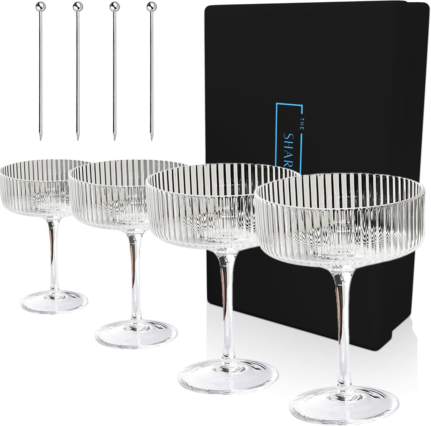 Amazon.com | Vintage Ribbed Cocktail Glasses Set of 4+Metal Toothpicks ...