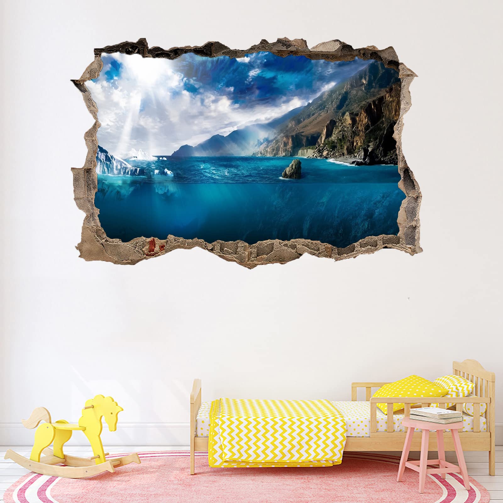 Landschaft Wandtattoos 3D Durchbruch Wandsticker Mauerloch Selbstklebend Wandaufkleber See für Kinderzimmer Schlafzimmer Wohnzimmer 80 cm x 120 cm