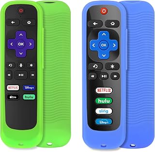 PINOWU [2 Pack] Universal Remote Cover (Glow in The Dark) Compatible with TCL Roku/Hisense Roku TV Remote/Roku Express 4K+ /Roku Streaming Stick 4K / Roku 2 3 4 Remote w/Lanyard (Green and Blue)