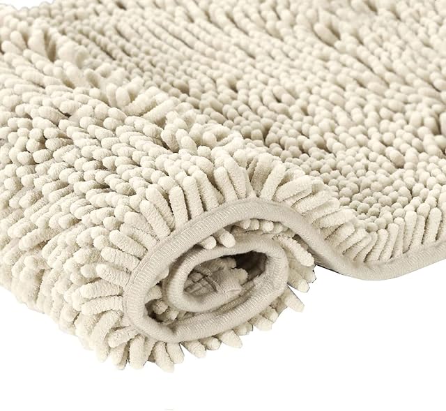 H.Versailtex Soft Absorbent Non Slip Bath Rug Fluffy Microfiber Chenille Bath Mat Bathroom Mat Machine Washable Ivory Shower Rug 50 x 80 CM