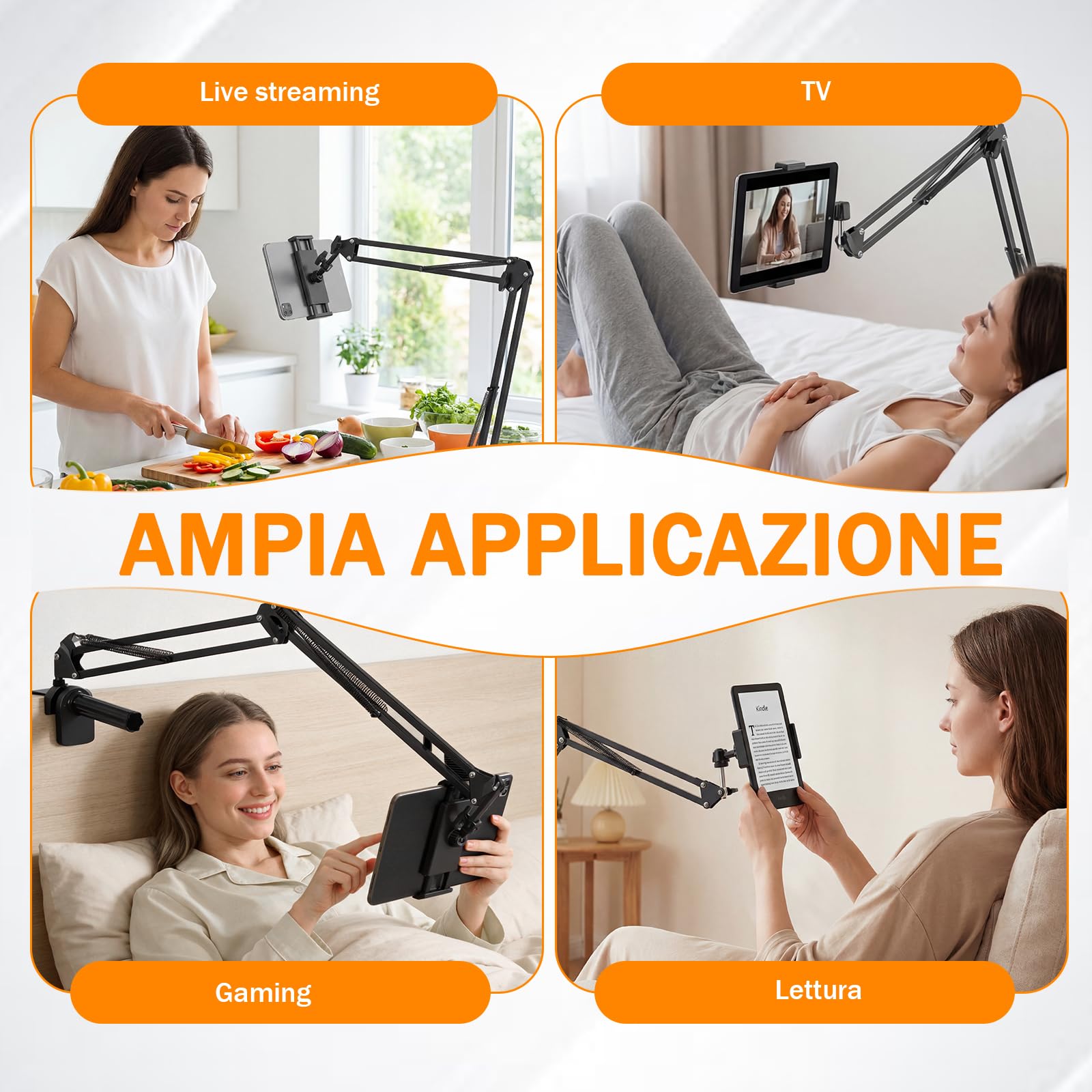 Supporto Tablet, Porta Tablet da Letto Rotazione a 360°,Adatto per Telefoni Cellulari o Tablet da 4,7-13 Pollici, Adatto per il Fissaggio su Superfici Piane con uno Spessore Massimo di 6,5 cm