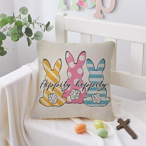 Miniatura 5 de Juego de 4 fundas de almohada decorativas con diseño de conejo de Pascua feliz de 16 x 16 pulgadas, diseño de conejo, hippity hopity, decoración de