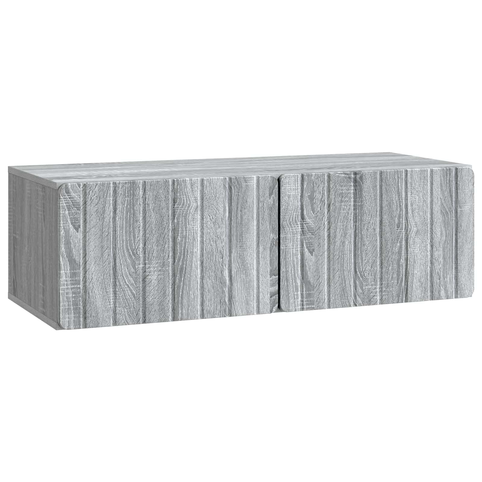Table TV flottante en bois gris pour gagner de la place au sol