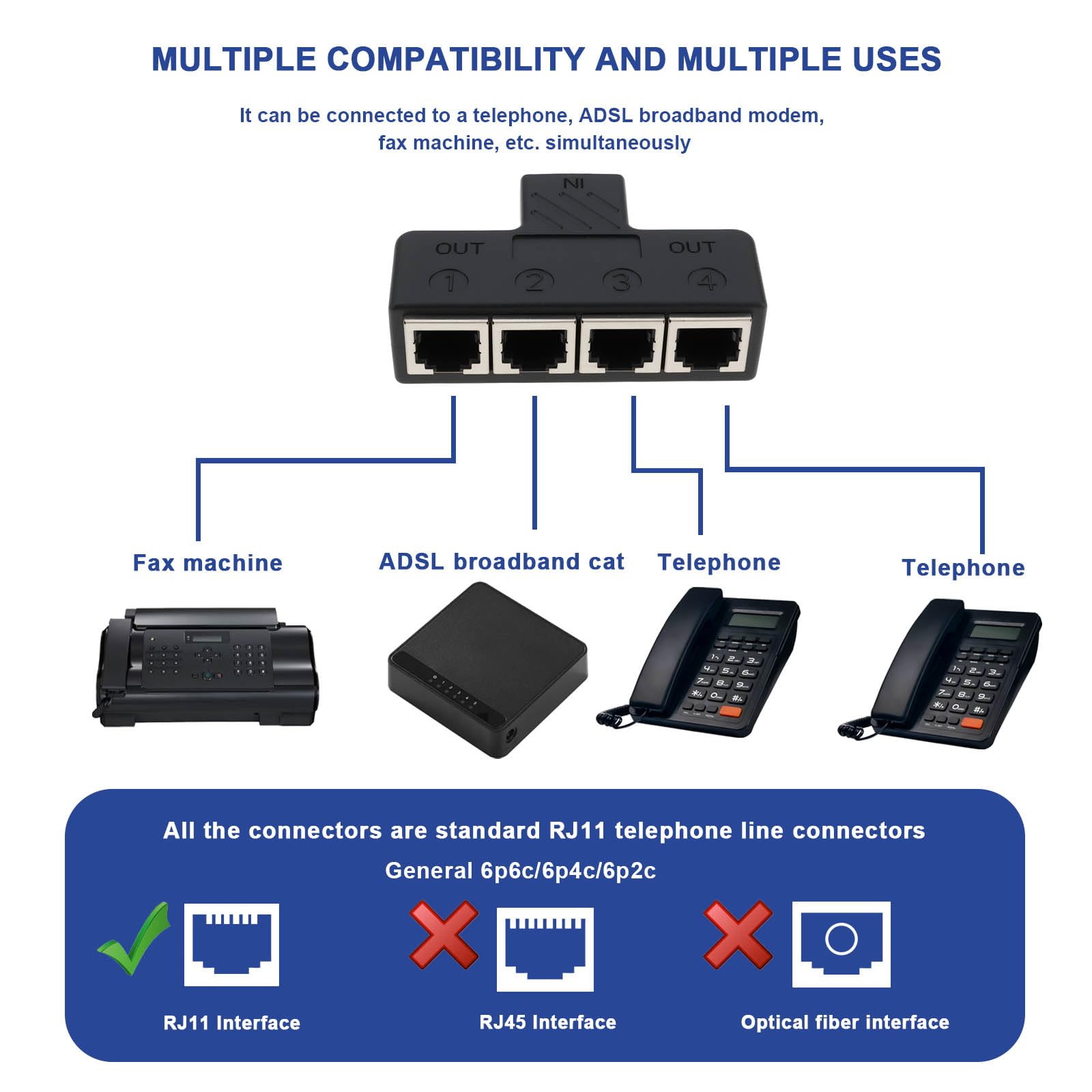 Acoplador Telefónico en Línea RJ11 Hembra A 4 Hembras 6P6C para Dispositivo de Fax Fijo (1 A 4) — view 2