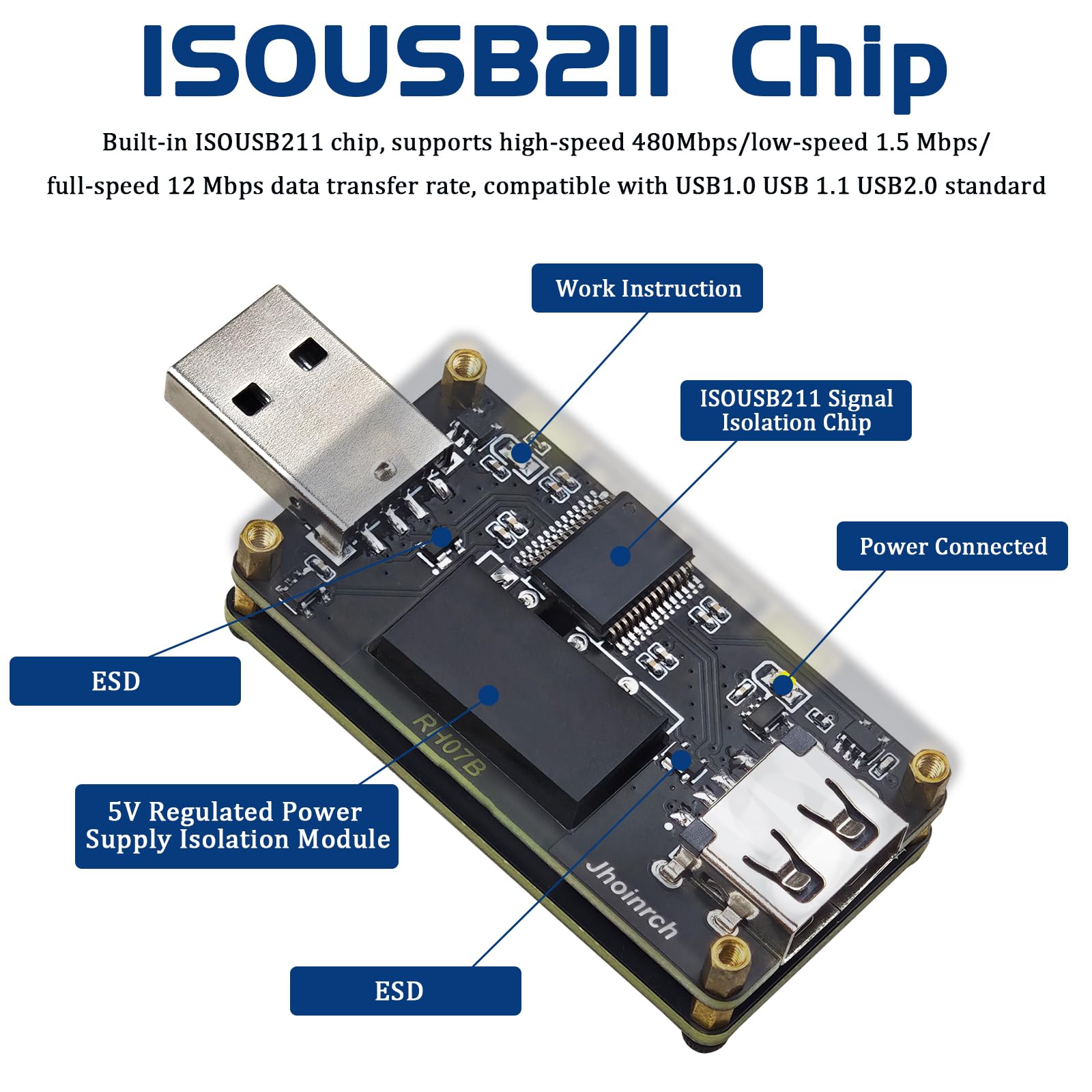 Isolatore ad alta velocità USB 2.0 da 480 Mbps supporta l'isolamento del segnale 5000 Vrms e l'isolamento di tensione 1500 V
