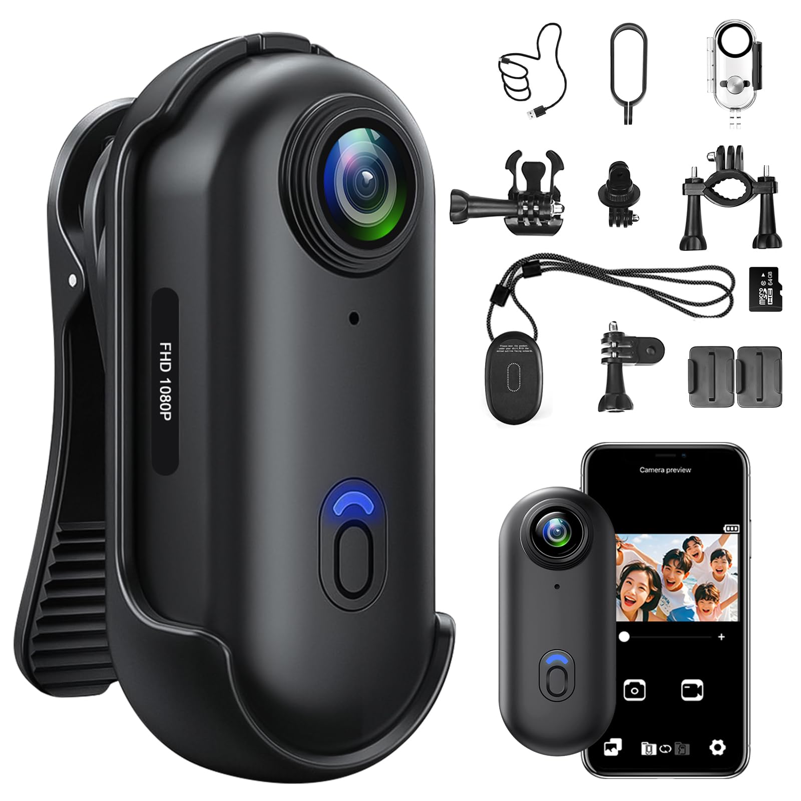 Caméra d'action 64GB, Caméra d'action WiFi pour Casque de Moto, Caméra Vidéo Portable HD 1080P, Mini Caméra de Corps de Sport avec Clip Rotatif 360°, Étui Étanche et Multiples Accessoires