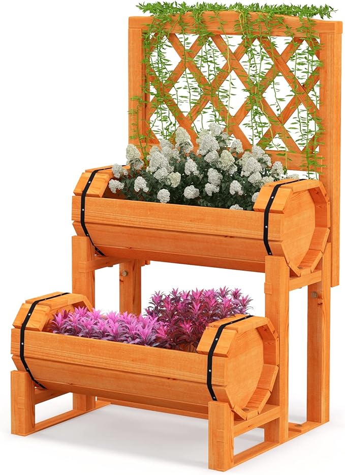 S AFSTAR 2 Tier Raised Garden Bed with Trellis, Wooden