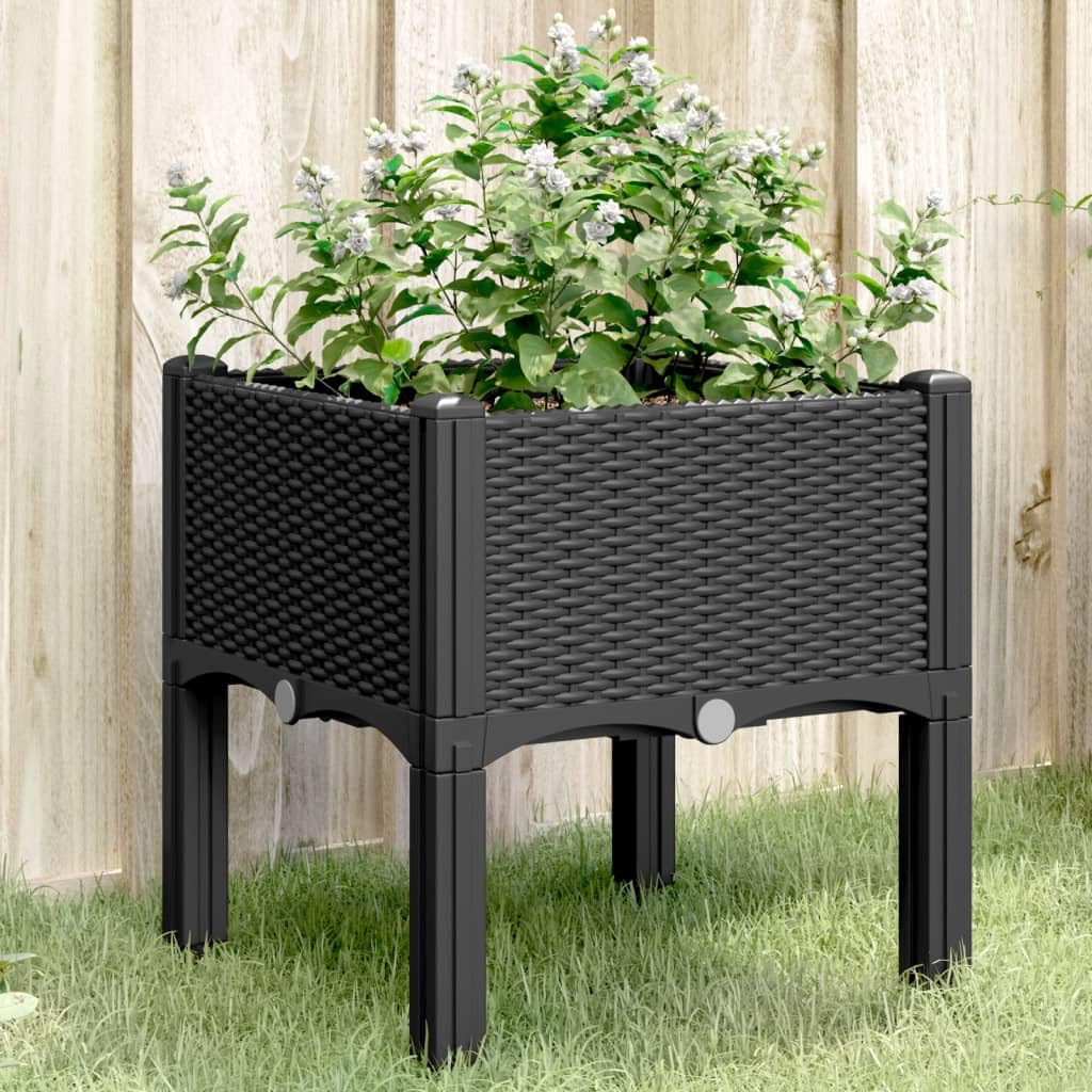 Jardiniere avec Pieds Noir en PP 40 x 40 x 42 cm, Aspect rotin, Drainage, Reserve Eau, Balcon terrasse Jardin, pour Fleur, semis, Herbe aromatique
