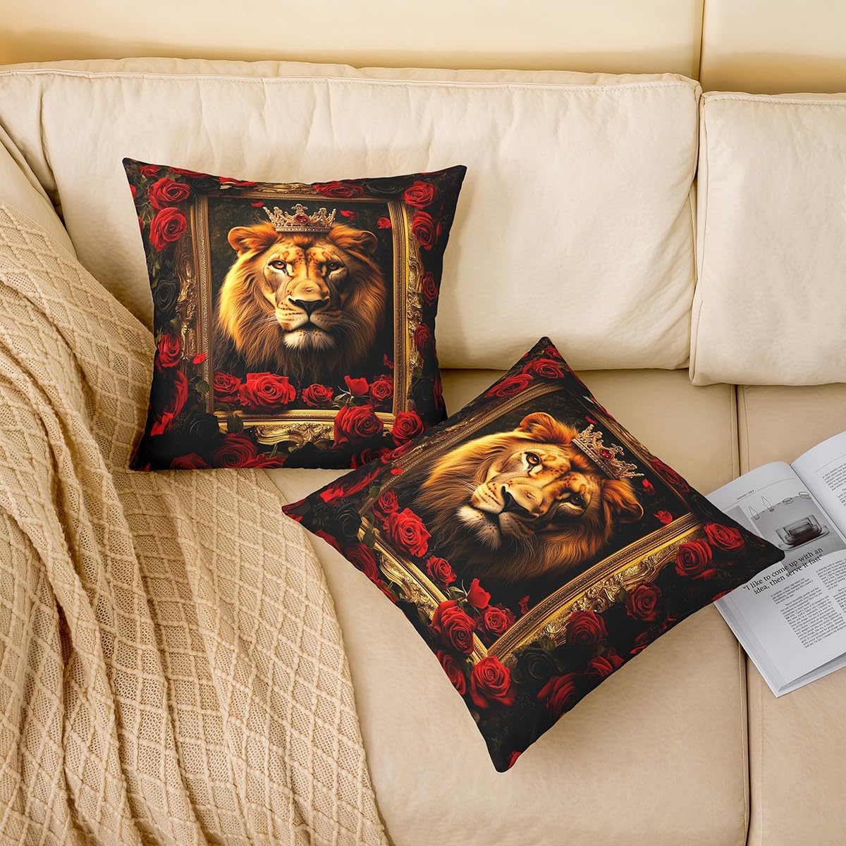 Manfei Lion Pillow Covers,Lion with Crown Cushion Covers 22"x22"Luxury Animal Rose Square Cushion Cases Set for Bedroom Office,Red Black Flowers Pillowcases for Kids Adults image 2