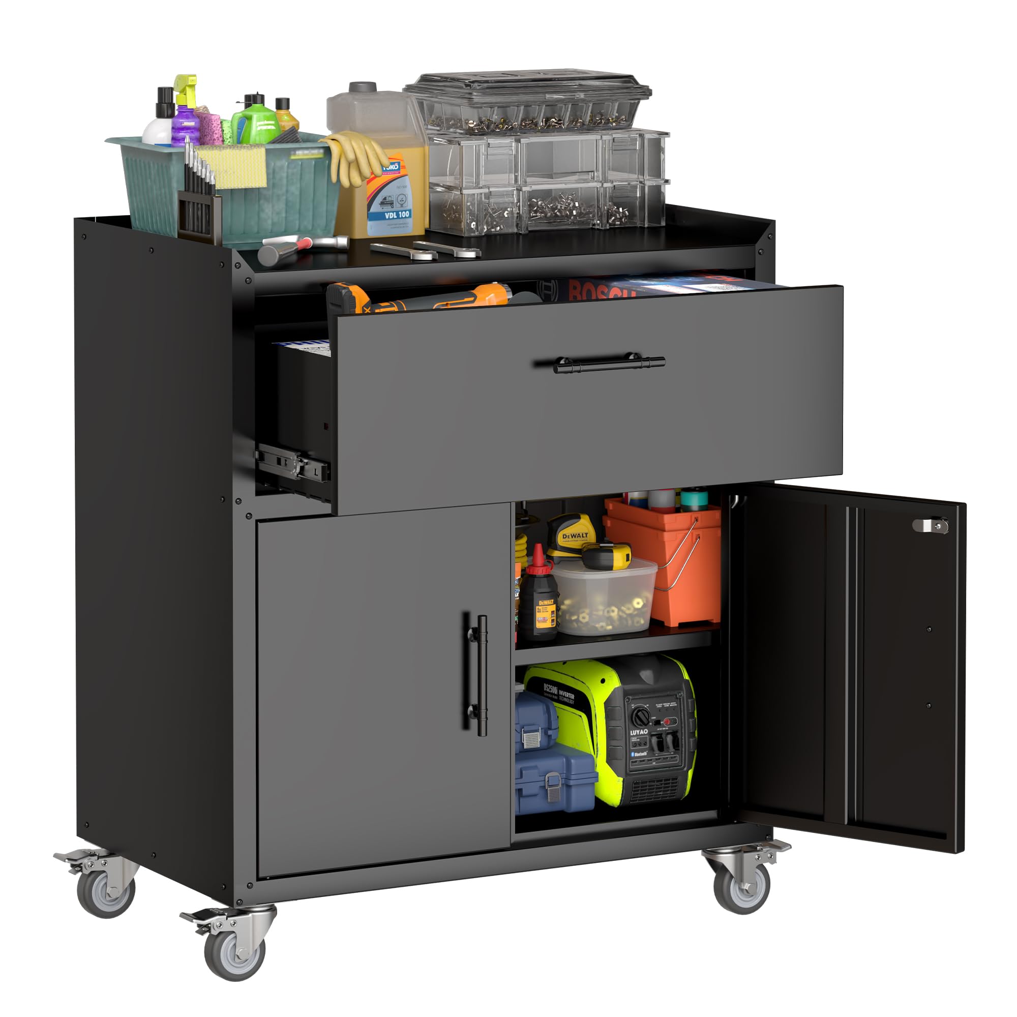 Tool Cabinets for Garage, Lockable Garage Rolling Tool Chest Storage Cabinet with Wheels, Doors and Drawer