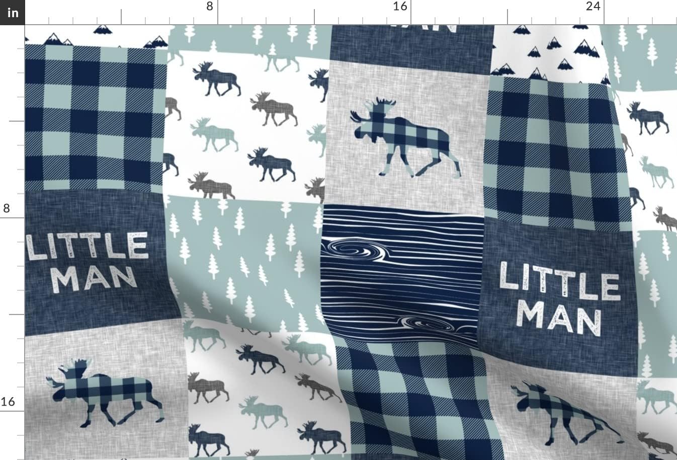 Spoonflower Fabric - Little Man Patchwork Navy Dusty Blue Woodland Cheater Quilt Moose Printed on Minky Fabric by The Yard - Sewing Baby Blankets Quilt Backing Plush