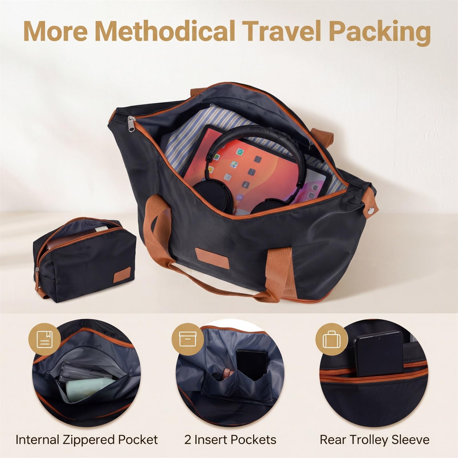 LIFEZEAL Set di Valigie da 5 Pezzi, Set Trolley da Cabina con 3 Valigie Rigide in ABS (28”/24”/20”), 1 Borsa da Viaggio e 1 Borsetta, Lucchetto a Codice, Ruote Girevoli e Manico Telescopico (Nero)