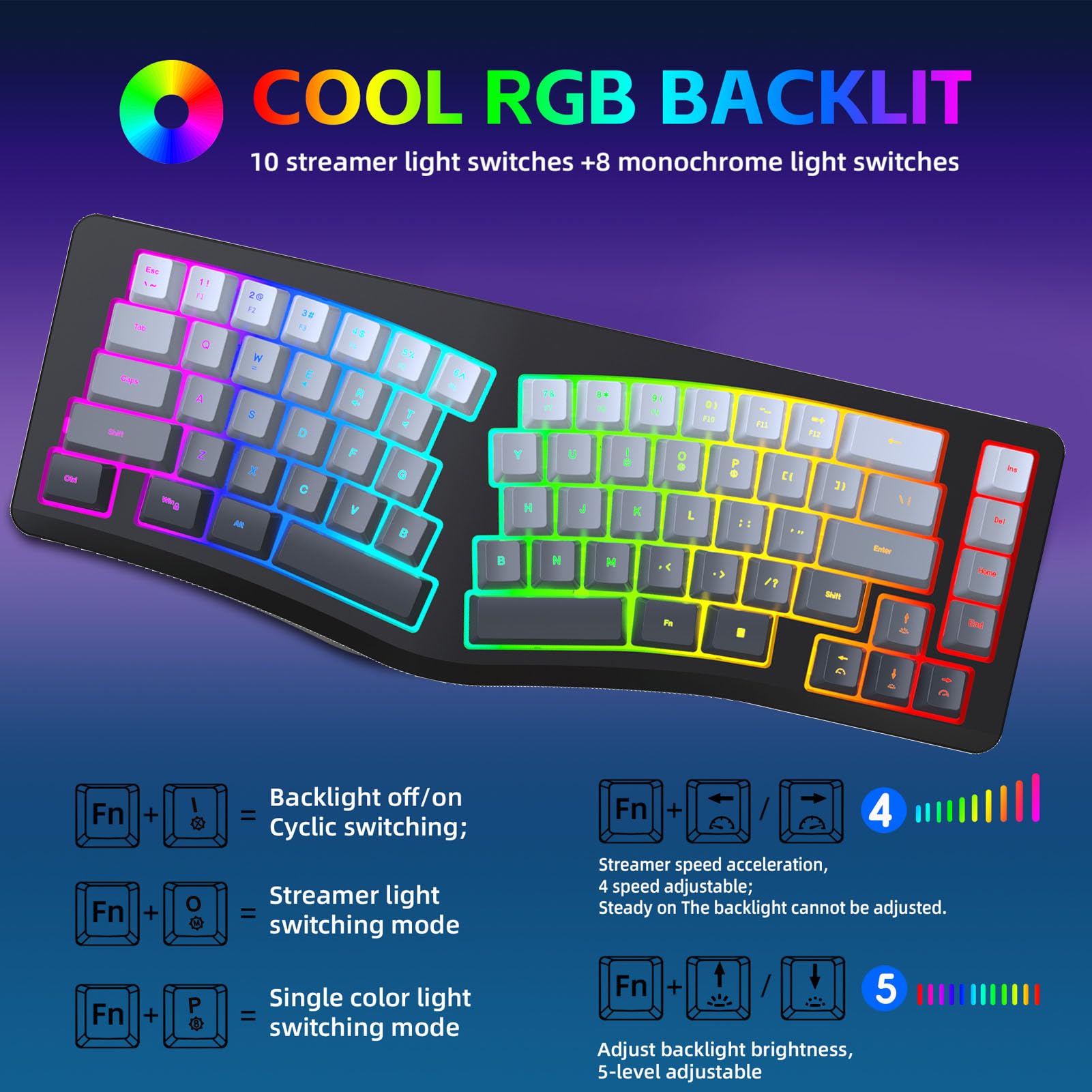 Zunate Tastiera USB Ergonomica Cablata, 69 Tasti Retroilluminati RGB Tipo C PC Tasti Ondulati Rimovibili La Tastiera Divisa da Gioco Supporta 25 Tasti Senza Conflitti Compatta per