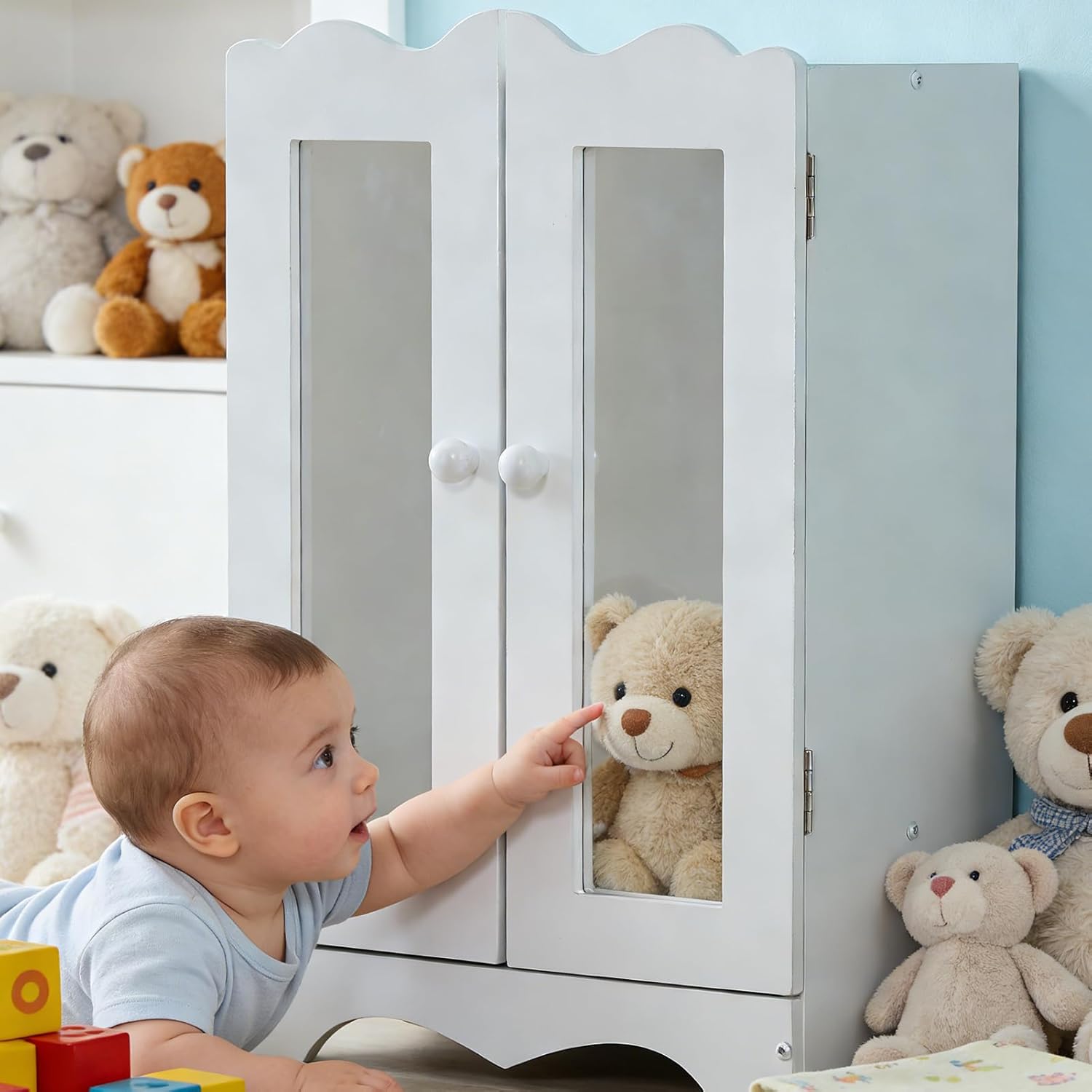 LIZEALUCKY Wooden Doll Closet, White 18 Inch 6 Hangers with Mirror Baby Doll Clothes Storage Furniture Wardrobe Accessories for Over 3 Years Kids
