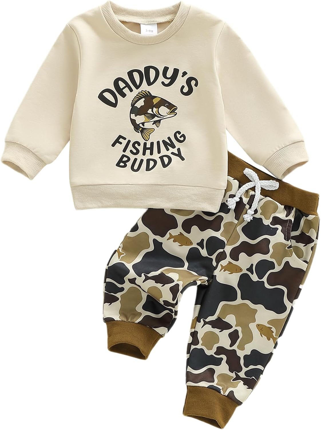Lamuusaa Toddler Baby Boy Clothes Fishing Buddy Letter Print Crewneck Sweatshirt Camo Long Pants Fall Winter Outfit