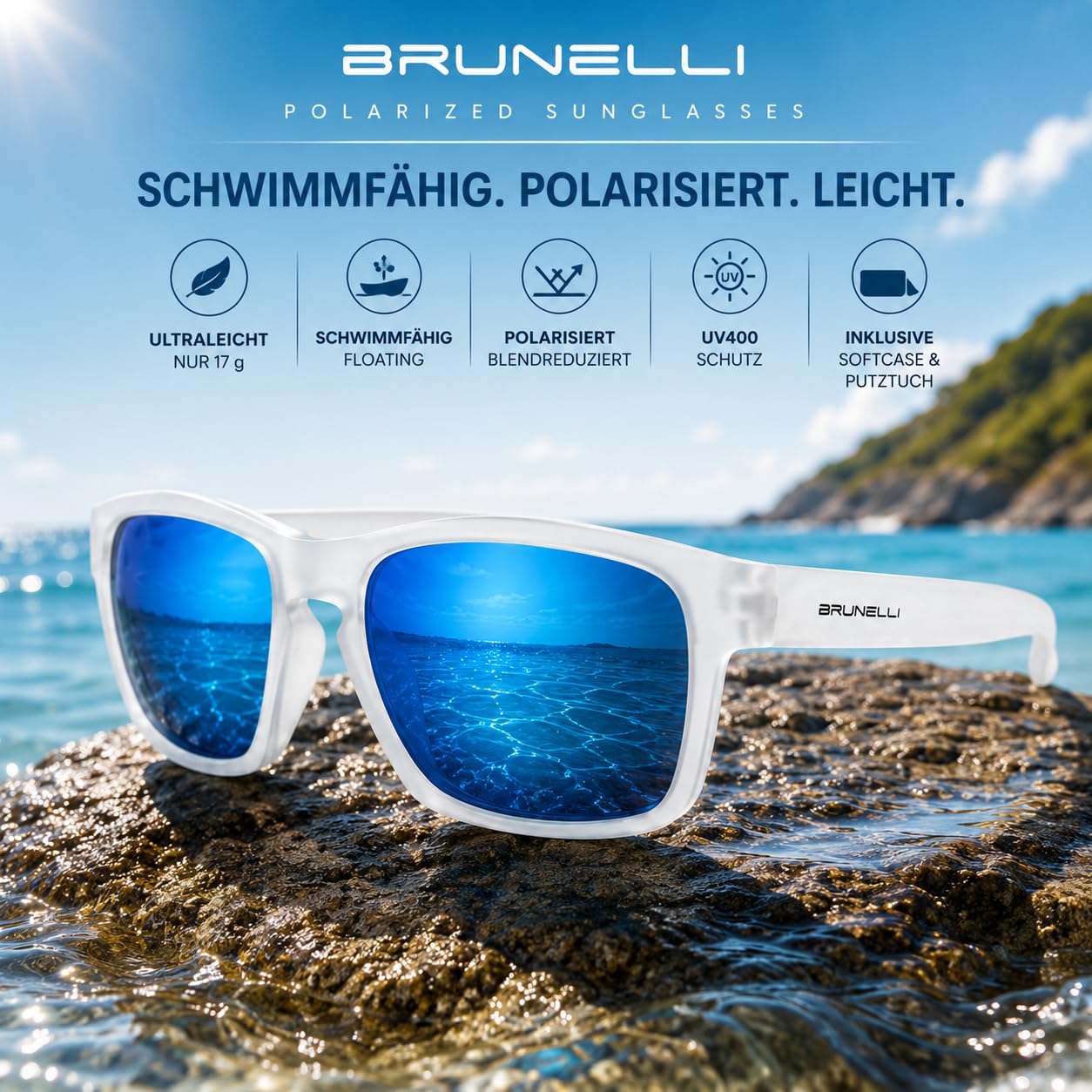 Brunelli FS1016-C3 - Gafas de sol polarizadas para hombre y mujer (UV400, ligeras, 17 g, espejo azul, blanco mate, incluye funda blanda y gamuza limpiadora)