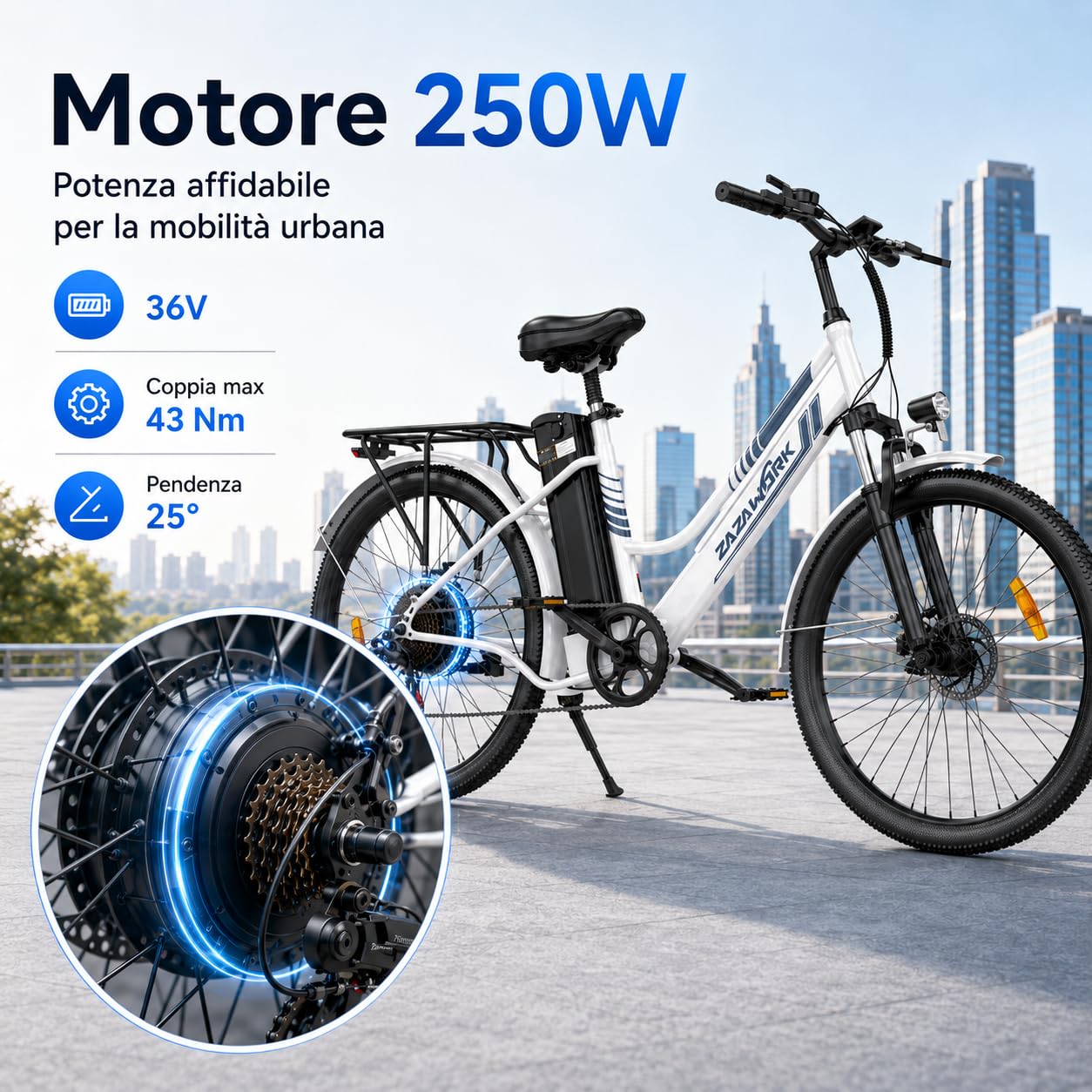 Bici Elettrica Uomo Donna 26 Pollici, E-Bike City con Motore 250W e Batteria 36V 20Ah, Autonomia 120km, Cambio 7 Velocità, Freni a Disco, Bicicletta Elettrica Economica