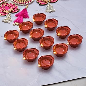 One94Store Water Sensor LED Brown Diyas Candle Eco-Friendly Diya, Battery Operated Smokeless, Flameless Lamp for Home Decor, Festivals Decoration Diwali Lights Warm White(Plastic Diya,Pack of 12)