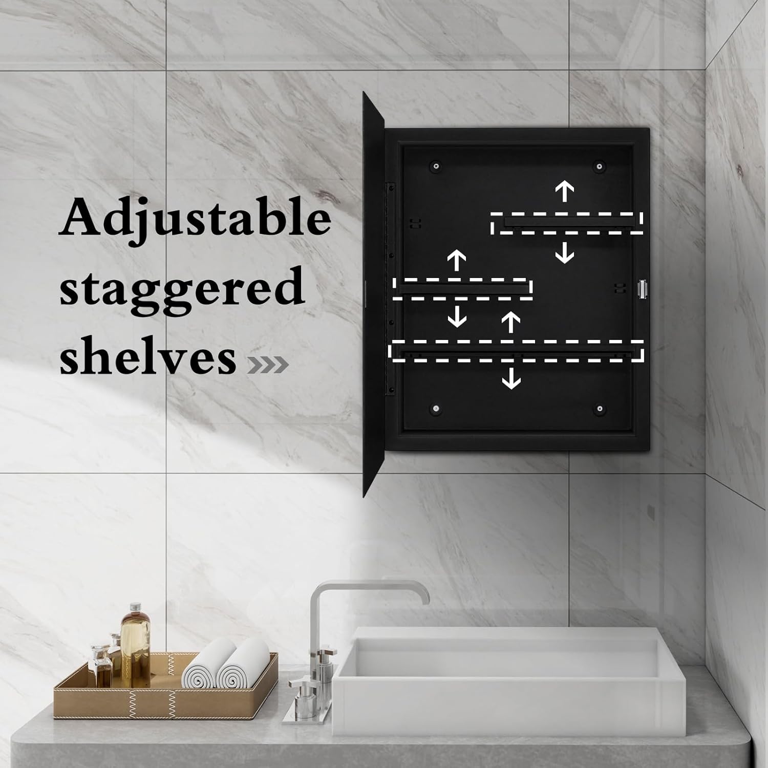 Fundin Black Medicine Cabinet with 16 x 20 Beveled Mirror & Adjustable Staggered Shelves, Recessed or Surface Mount Bathroom Medicine Cabinet