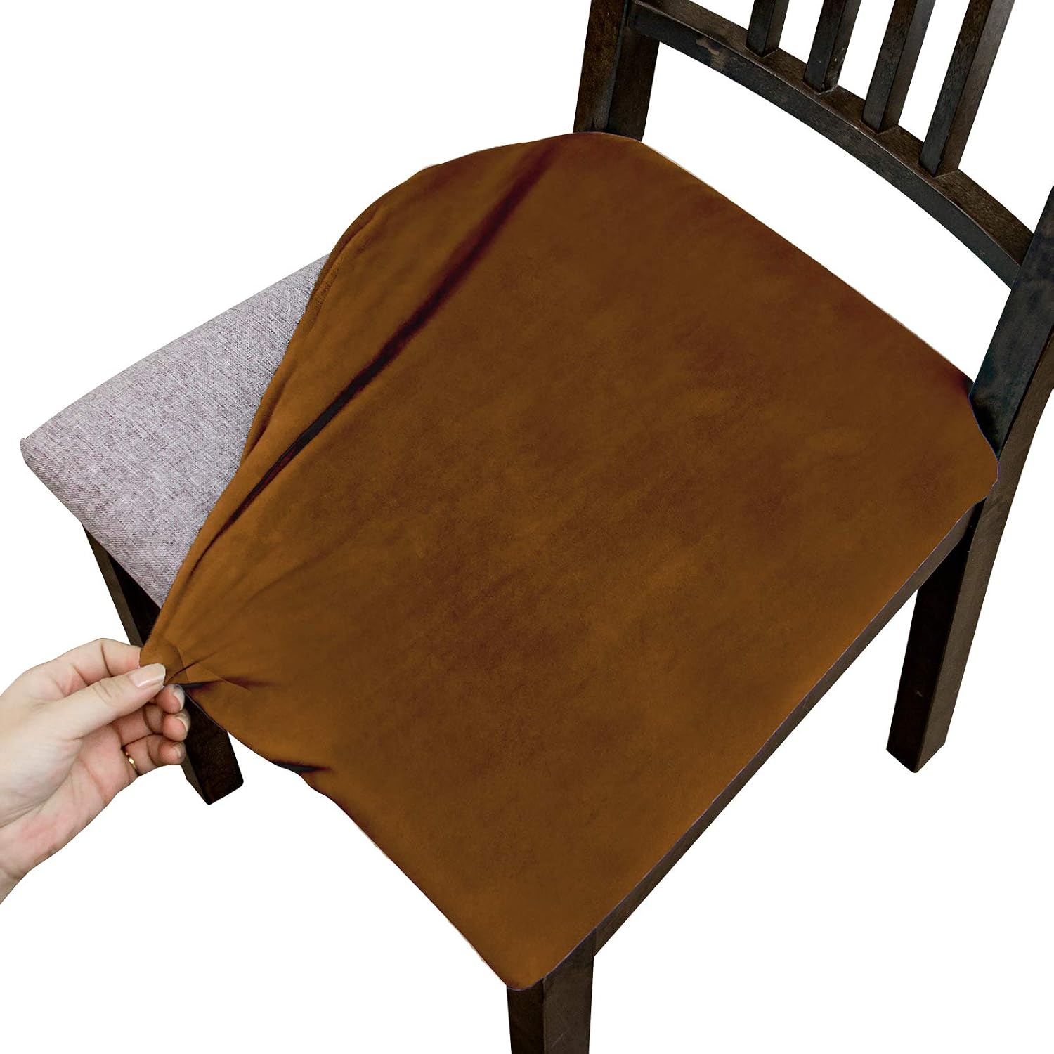 Argstar 2 Pack Velvet Seat Covers for Dining Room Chairs, Plush Dining Chair Seat Cover, Coffee Stretch Kitchen Chair Cover, Chair Covers for Dining Room Set of 2 (Light Brwon)